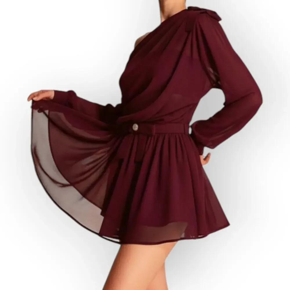 Commense Burgundy Chiffon One Shoulder Top & Skirt Set – Romantic Parisian Bow